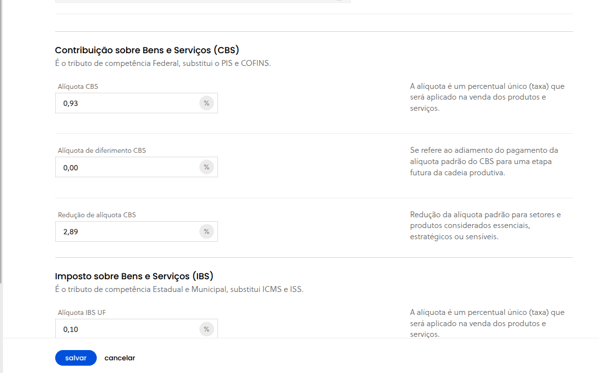 Nova tela de configuração dos tributos — continuação