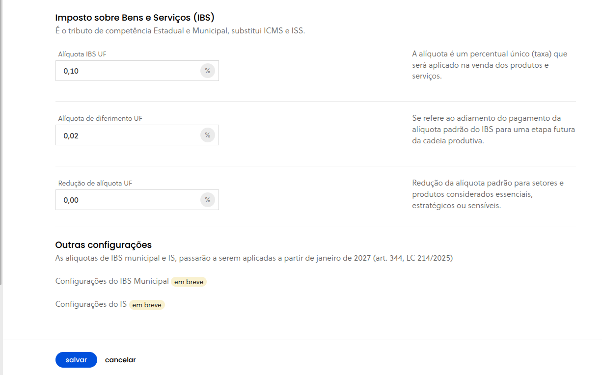 Nova tela de configuração dos tributos — detalhes adicionais