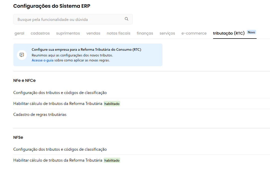 Novo menu de tributação com indicação de status do parâmetro