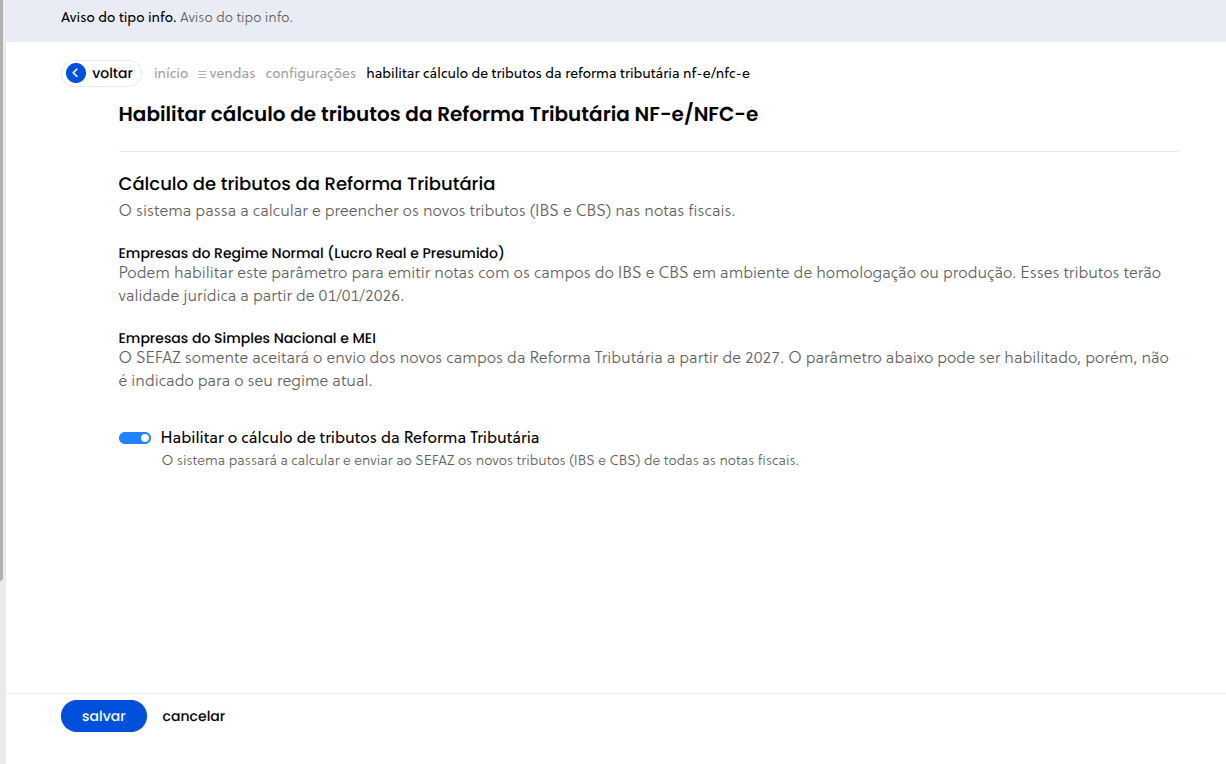 Nova tela de habilitação do parâmetro de Reforma Tributária