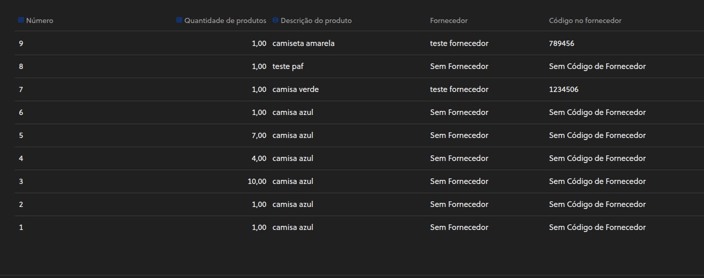 Relatório personalizado com produtos exibindo Sem fornecedor