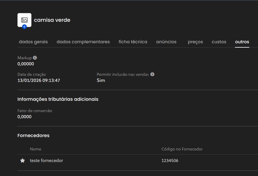 Exemplo de produto com Sem Código de Fornecedor