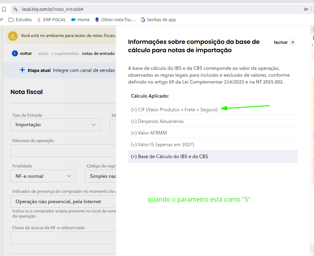 Cálculo da base de IBS/CBS em nota de importação — opção 1