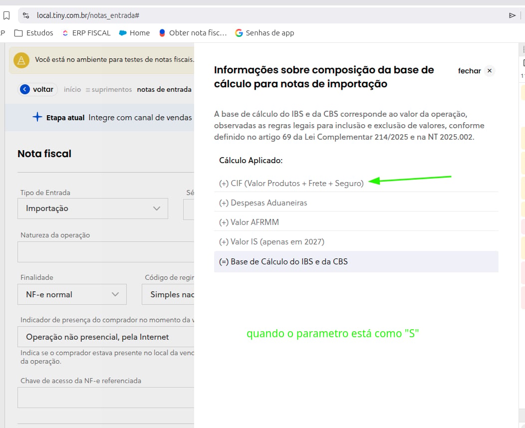 Cálculo da base de IBS/CBS em nota de importação — opção 1