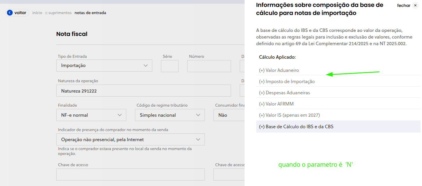 Cálculo da base de IBS/CBS em nota de importação — opção 2