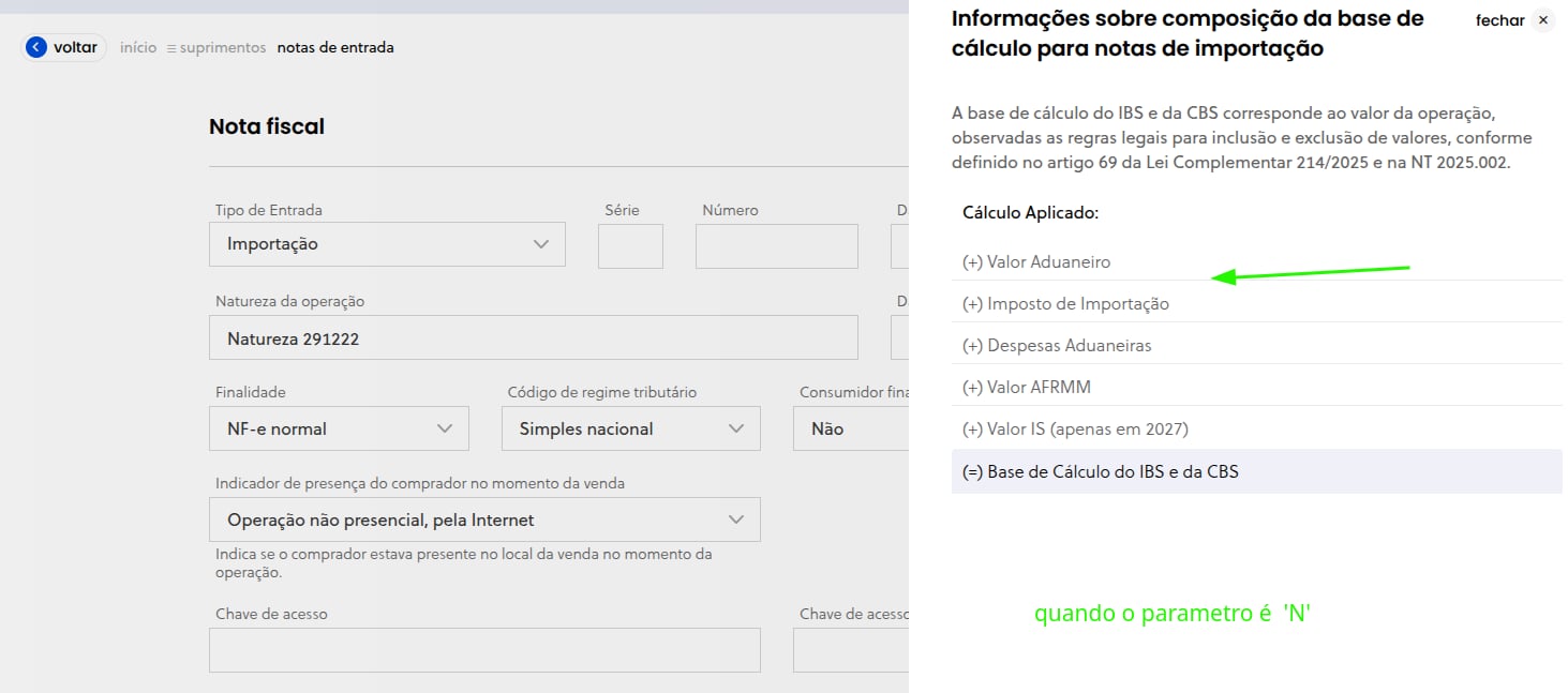 Cálculo da base de IBS/CBS em nota de importação — opção 2