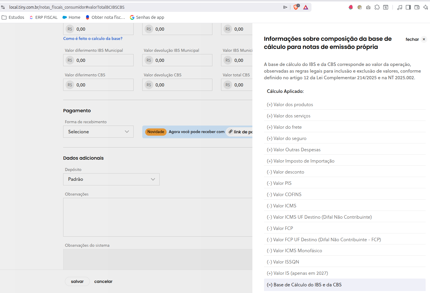 Resumo do cálculo exibido na nota