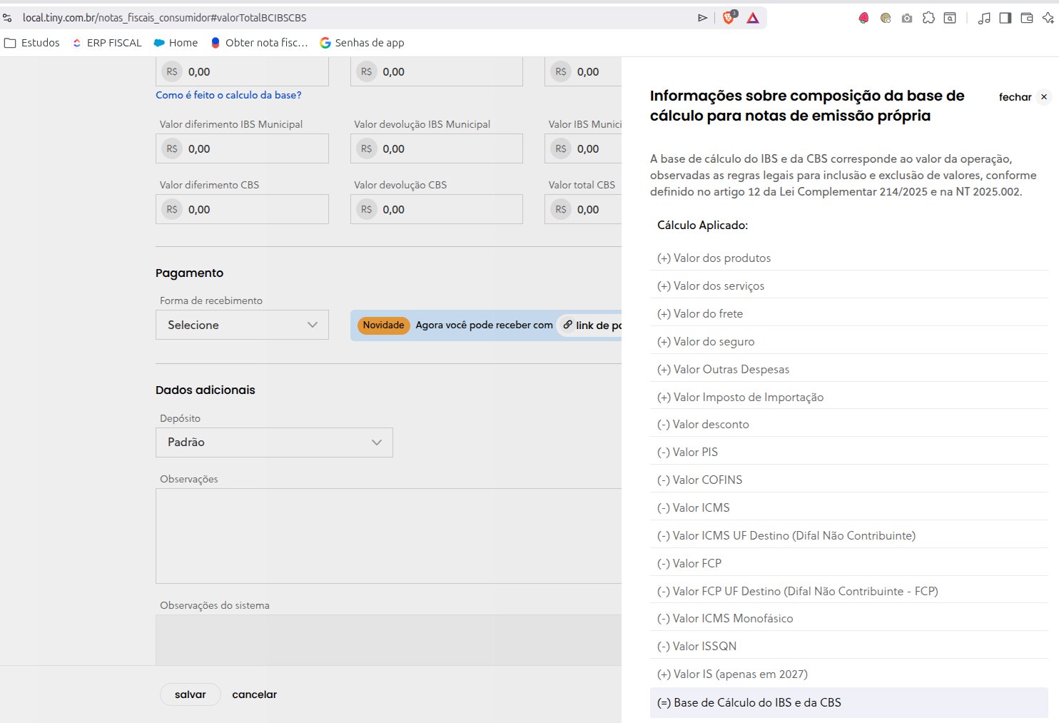 Resumo do cálculo exibido na nota