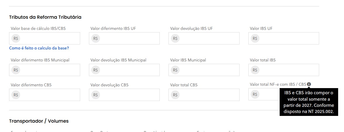 Exibição do cálculo da base de IBS/CBS em nota de saída