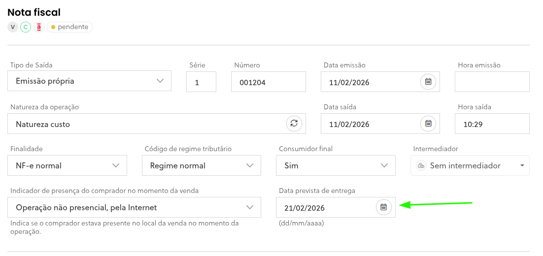 Campo de data prevista de entrega na tela de edição da NF-e