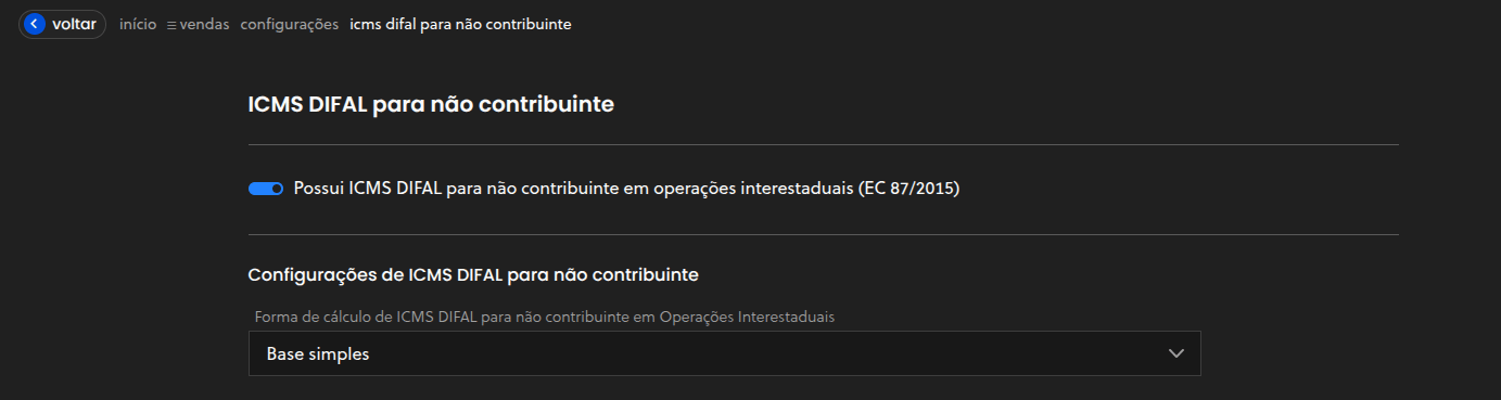 Parâmetros de DIFAL Não Contribuinte nas configurações da conta