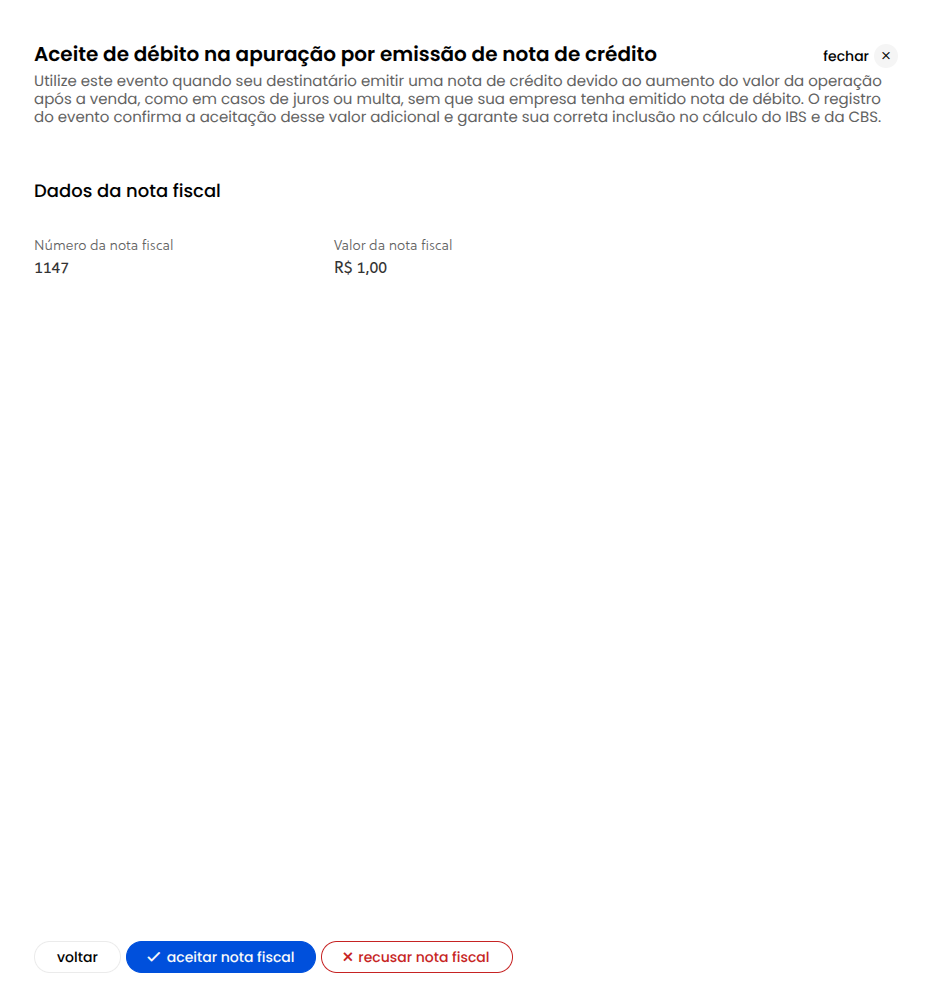 Tela de aceite de débito na apuração