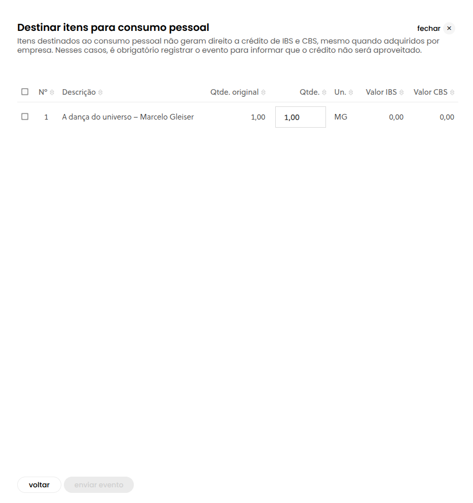 Tela de destinação de item para consumo pessoal