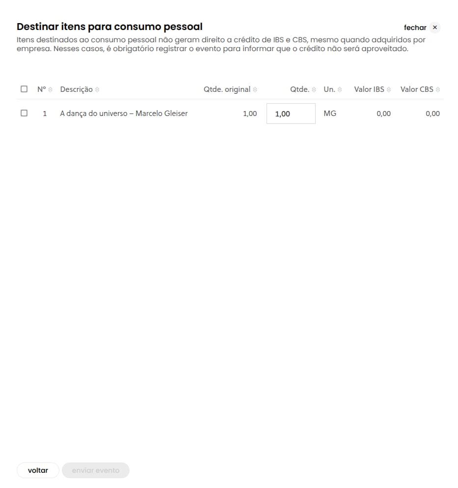 Tela de destinação de item para consumo pessoal
