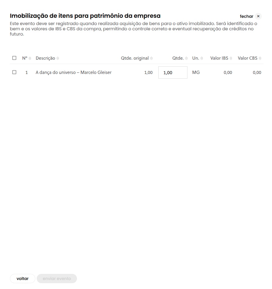Tela de imobilização de item