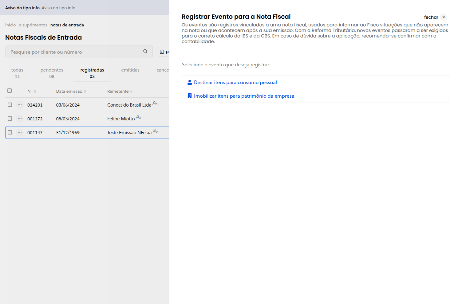 Listagem de notas fiscais com a opção de registrar evento