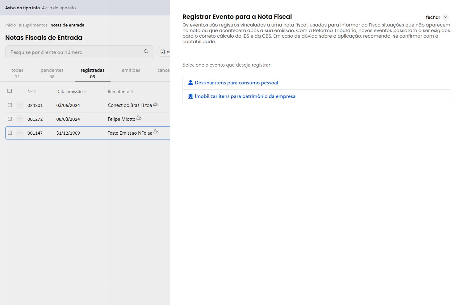 Listagem de notas fiscais com a opção de registrar evento