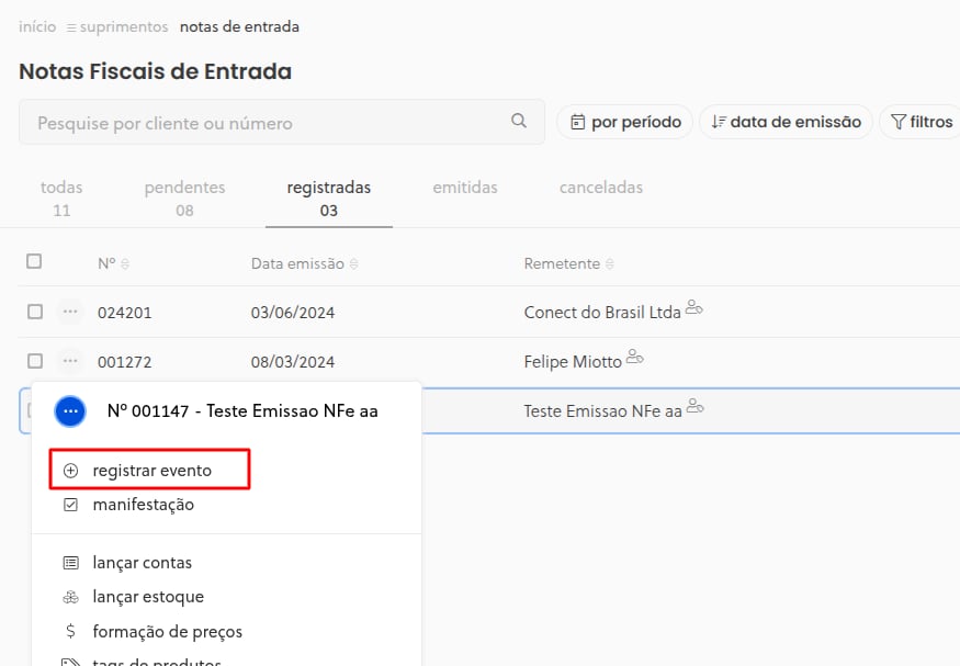 Menu de contexto com a opção Registrar evento