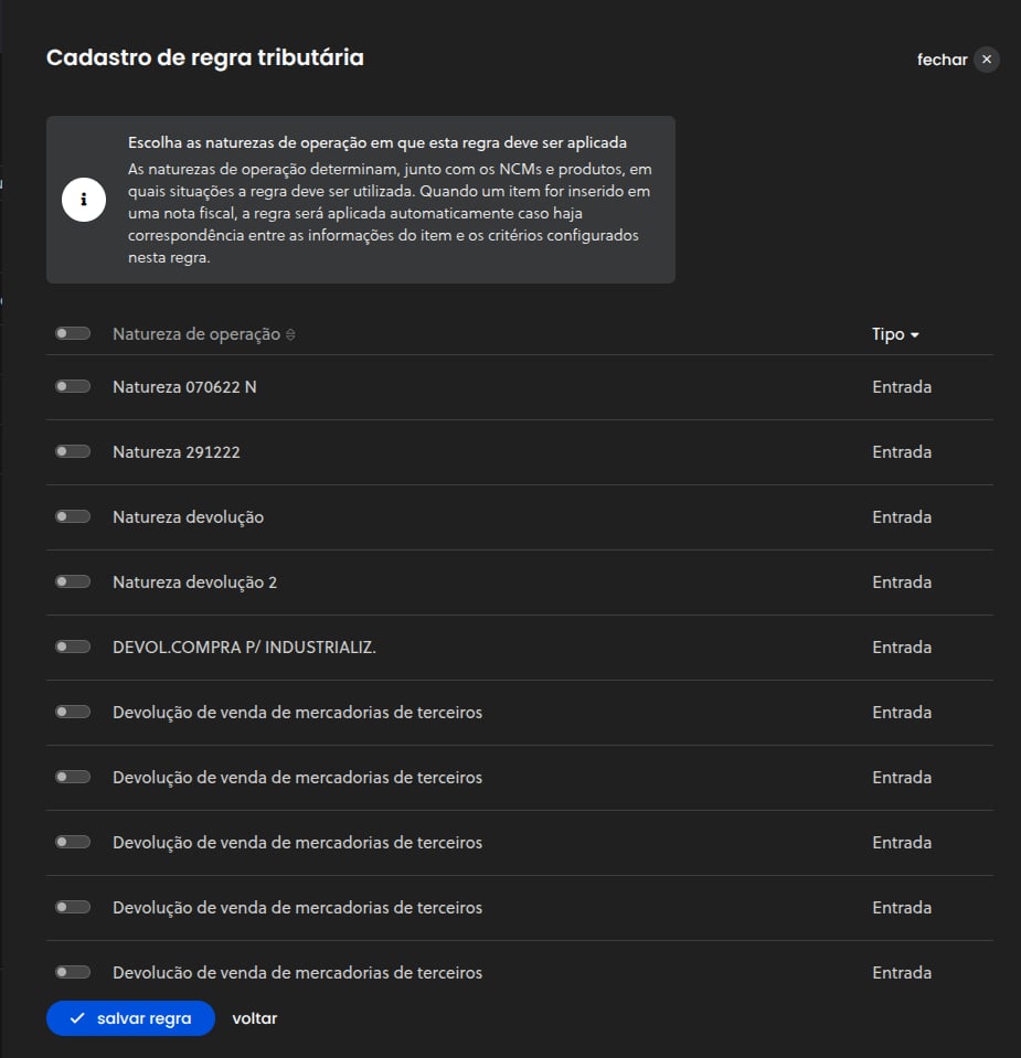 Modal de seleção de natureza de operação na regra tributária com tipos de entrada e saída disponíveis