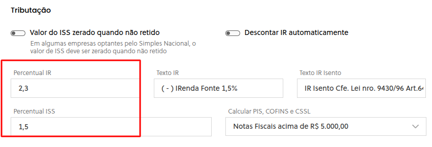 Campo de alíquota com vírgula como separador decimal