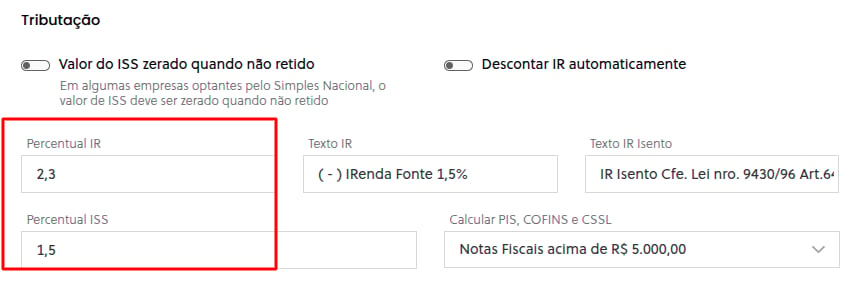 Campo de alíquota com vírgula como separador decimal