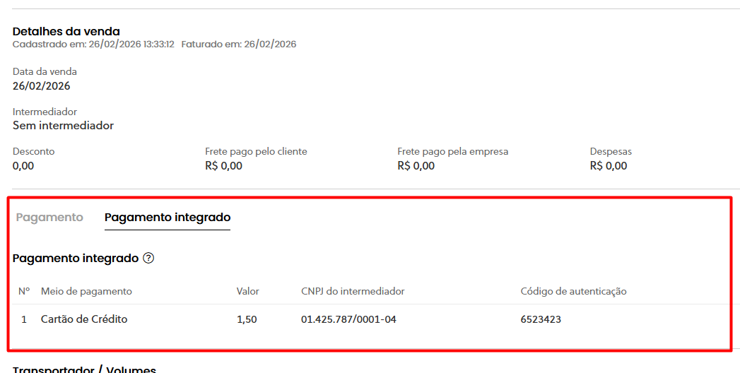 Tela de pedido de venda com informações de pagamento integrado preenchidas