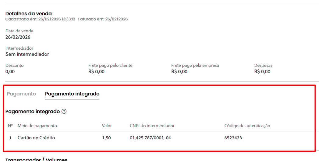 Tela de pedido de venda com informações de pagamento integrado preenchidas