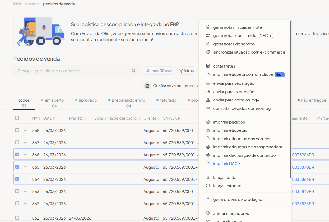 Modal de impressão do DACe com opções de formato