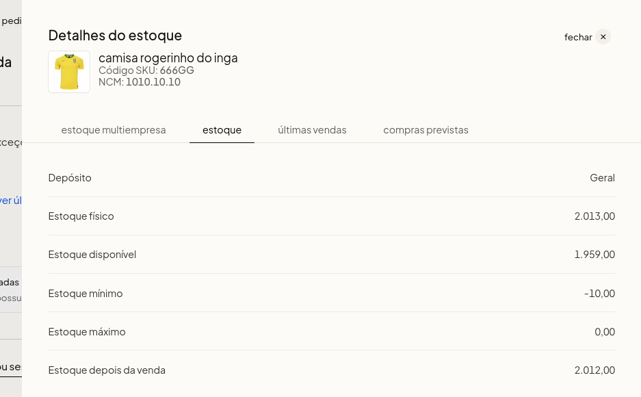 Abas de estoque, histórico de vendas e compras previstas