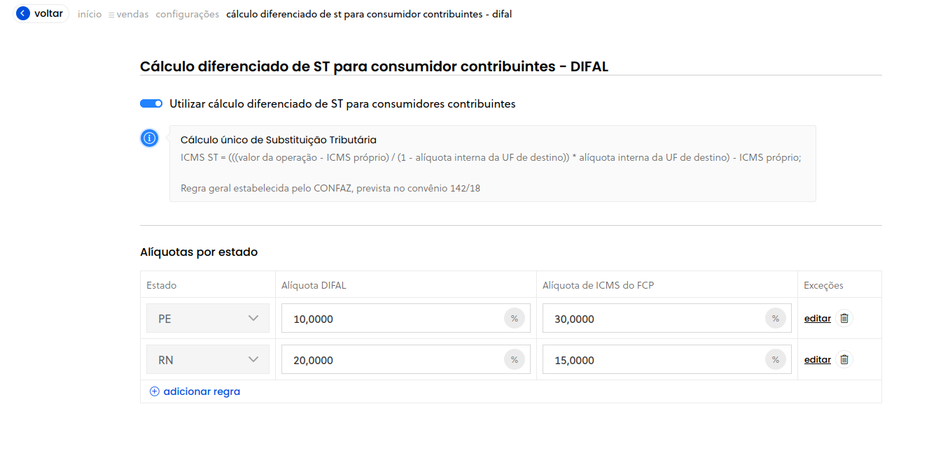 Tela de configuração do DIFAL ST para contribuintes
