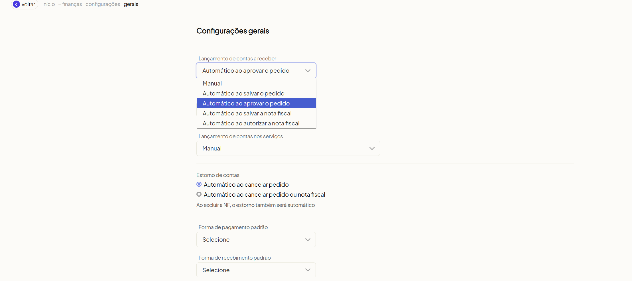 Nova opção de lançamento de contas a receber ao aprovar o pedido