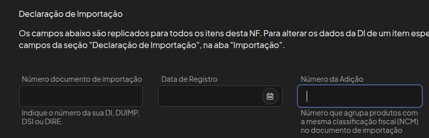 Campo Número da Adição não obrigatório