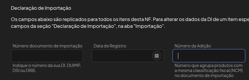 Campo Número da Adição não obrigatório