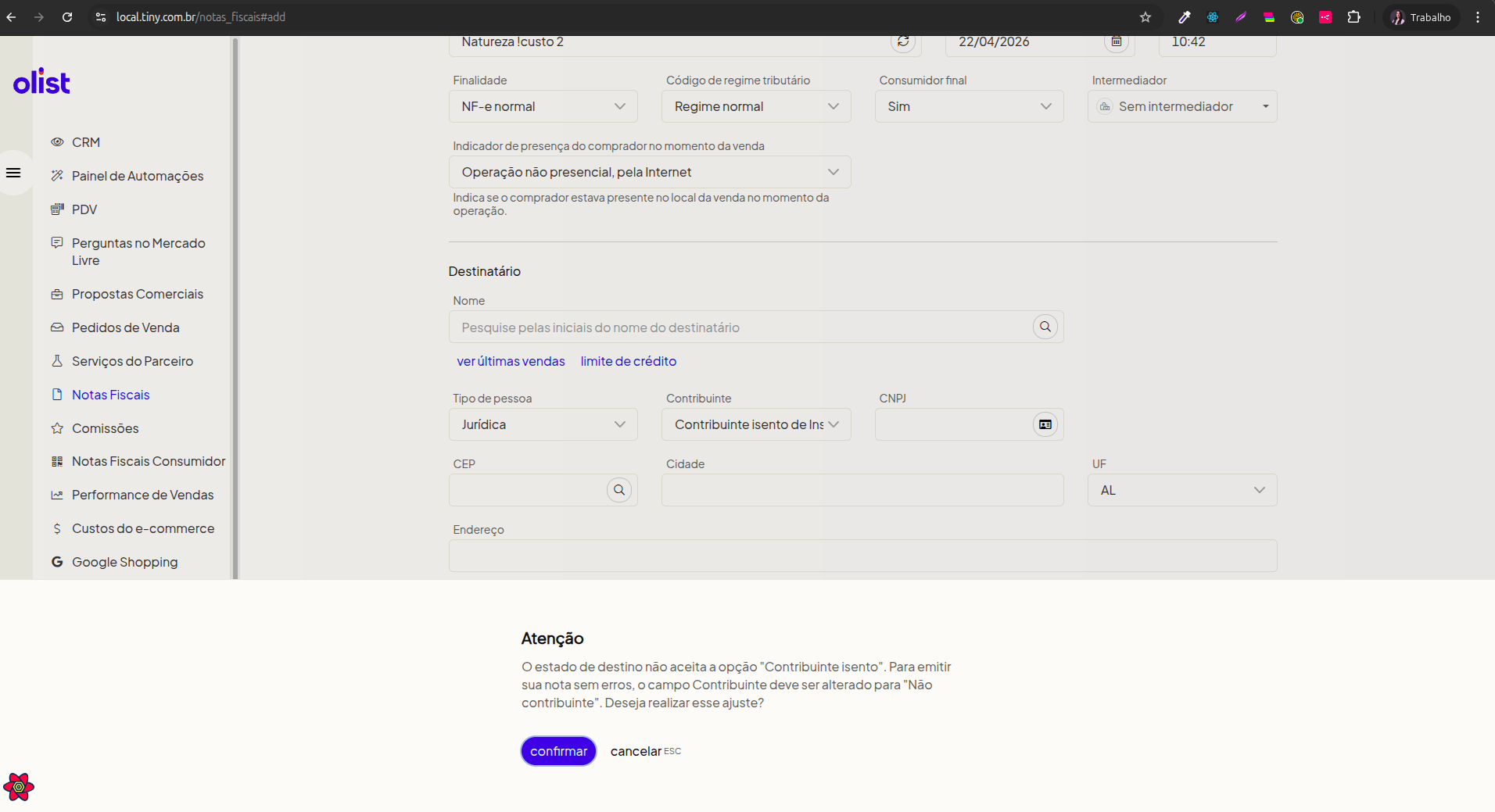 Aviso atualizado sobre validação do campo Contribuinte