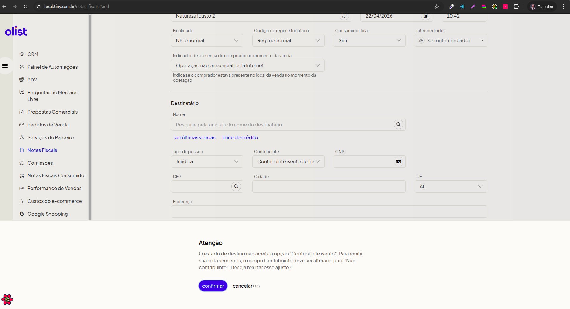 Aviso atualizado sobre validação do campo Contribuinte
