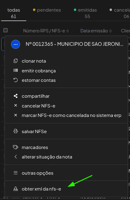 Opção de exportar XML pelo menu de contexto da NFS-e