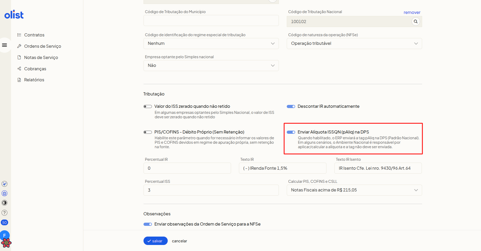 Novo parâmetro de envio de alíquota ISSQN nas configurações de NFS-e