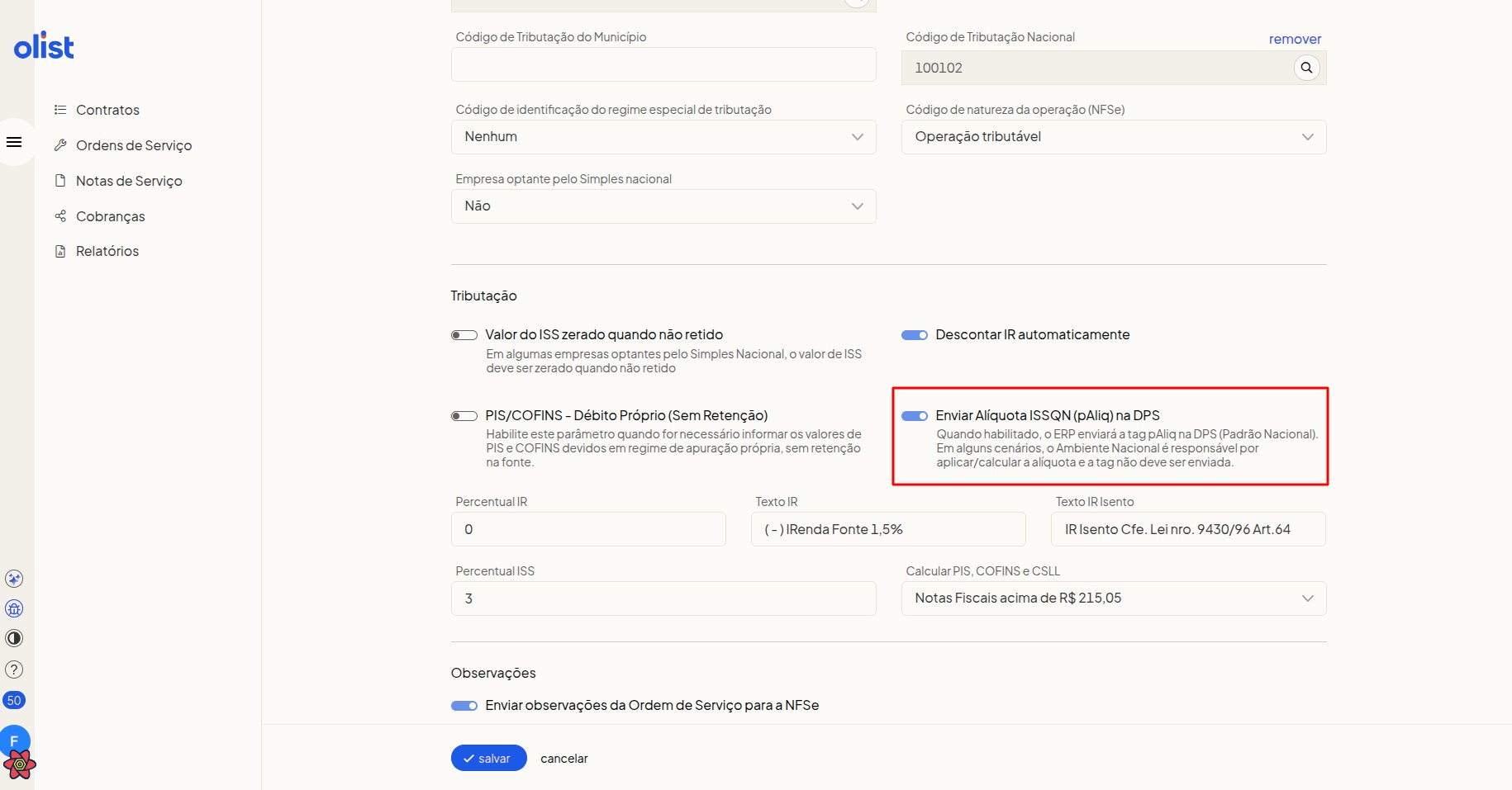 Novo parâmetro de envio de alíquota ISSQN nas configurações de NFS-e