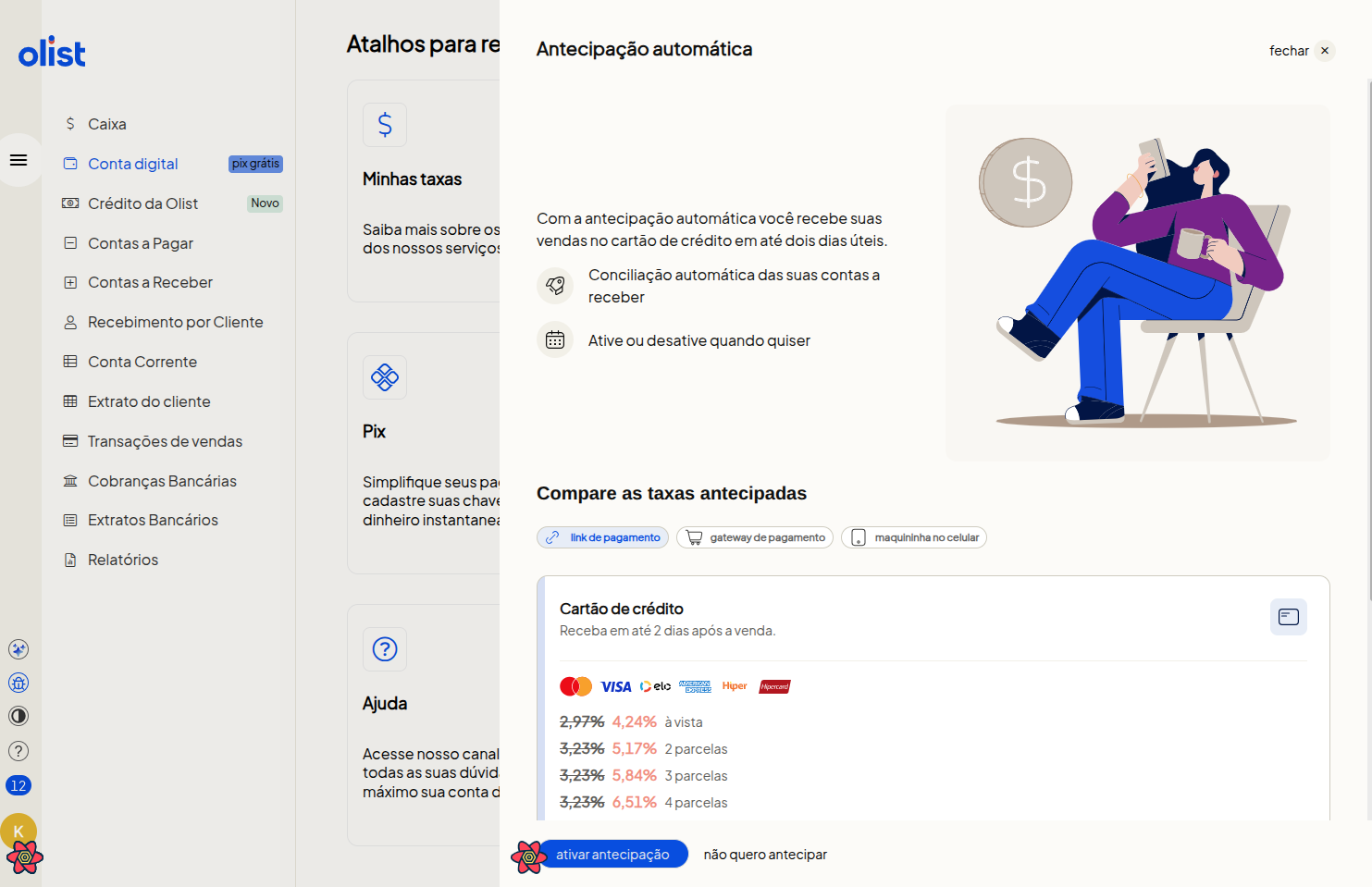 Modal de antecipação automática da Conta Digital