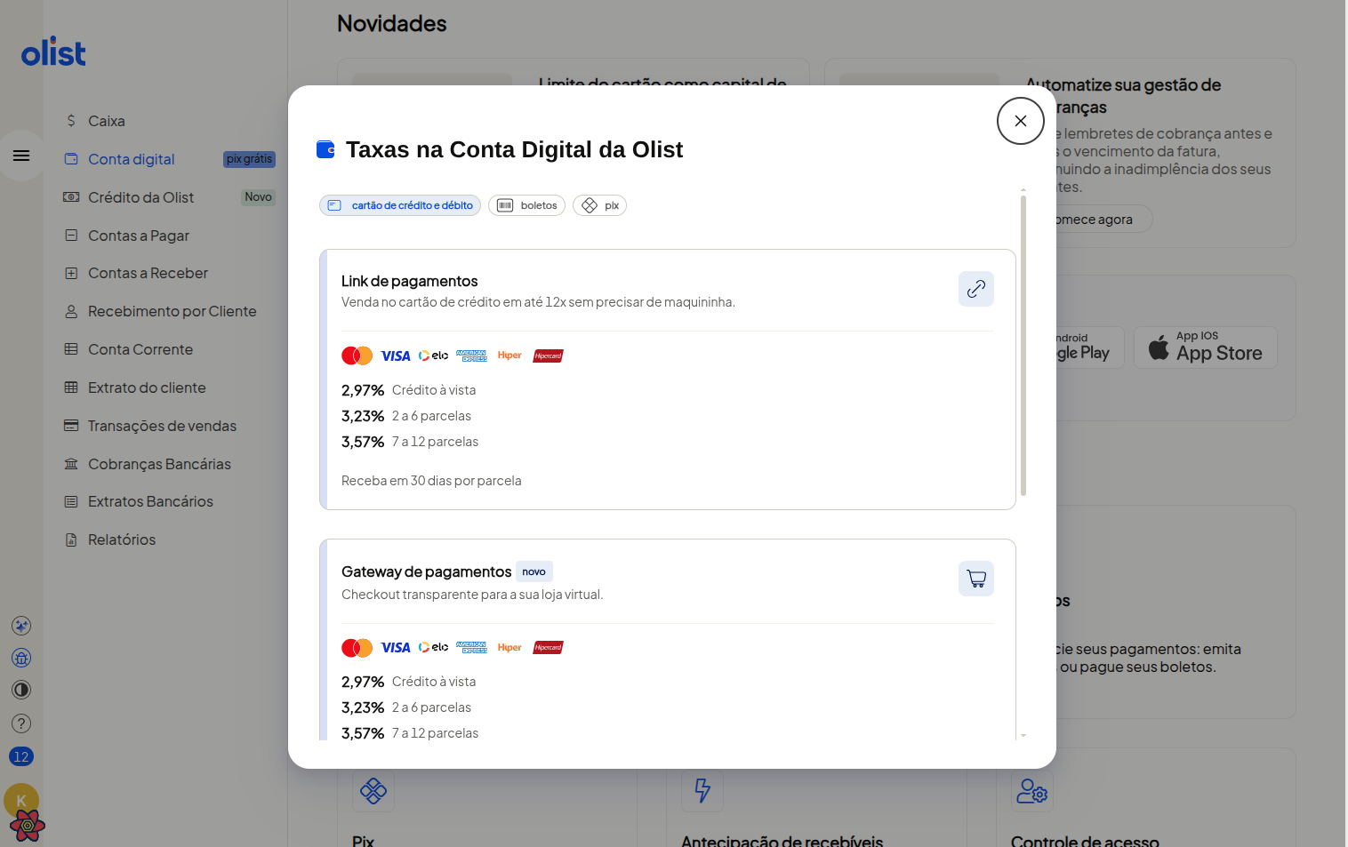Modal de visualização de taxas da Conta Digital