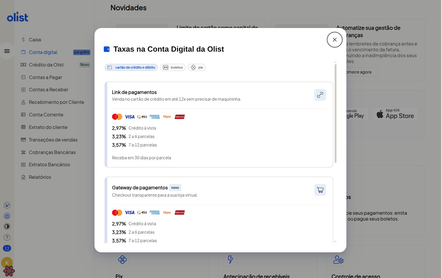 Modal de visualização de taxas da Conta Digital