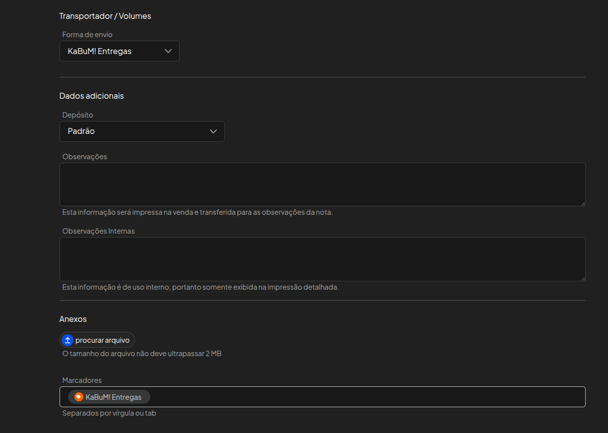 Configuração da integração KaBuM! com forma de envio criada automaticamente