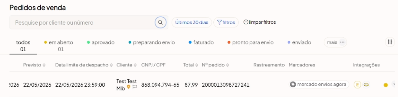 Mercado Envios Agora — exemplo de pedido com SLA curto