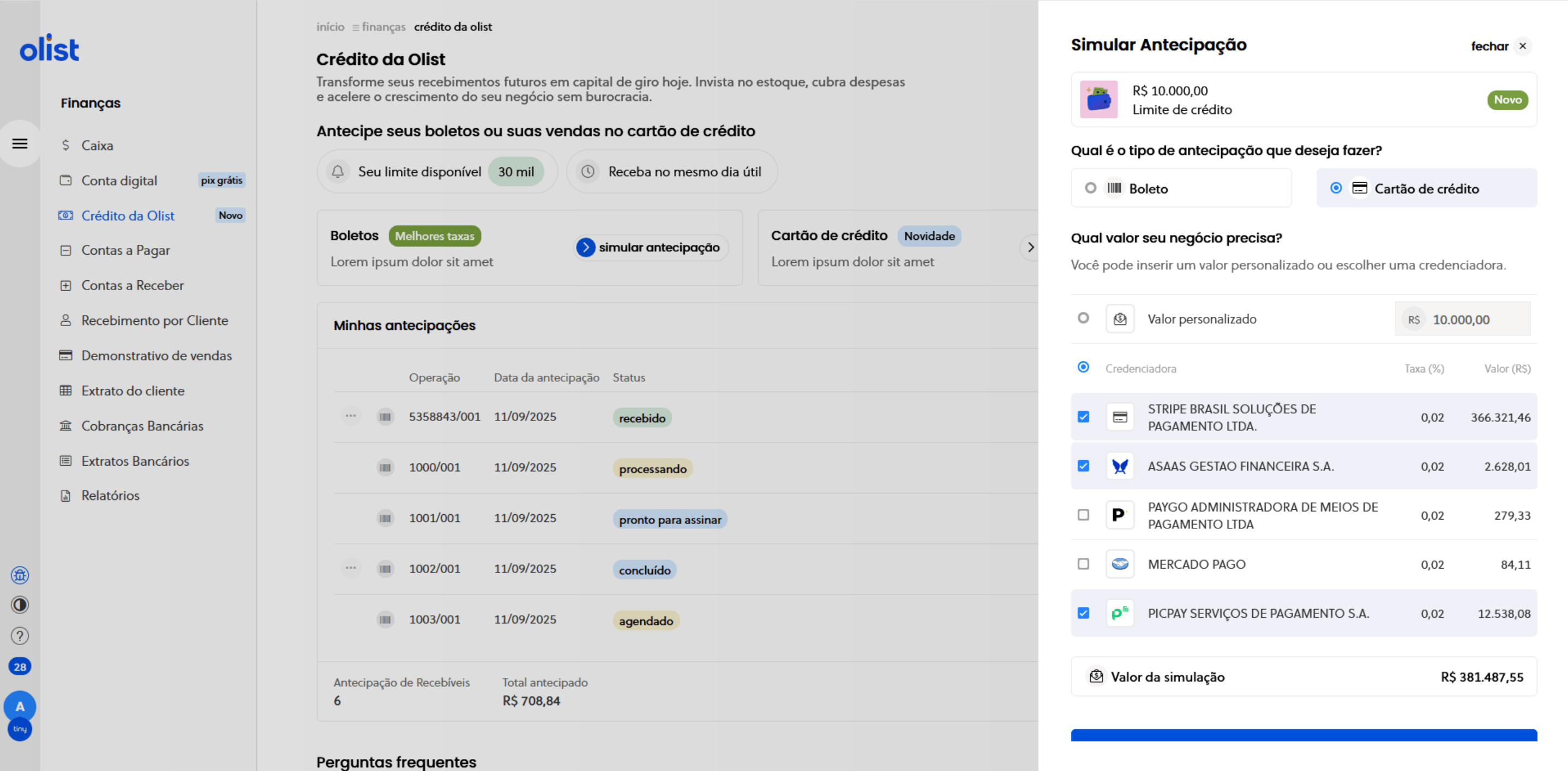 Consulta da agenda de cartão de crédito