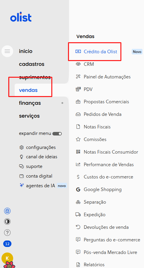 Link do módulo de Crédito no menu de Vendas do ERP