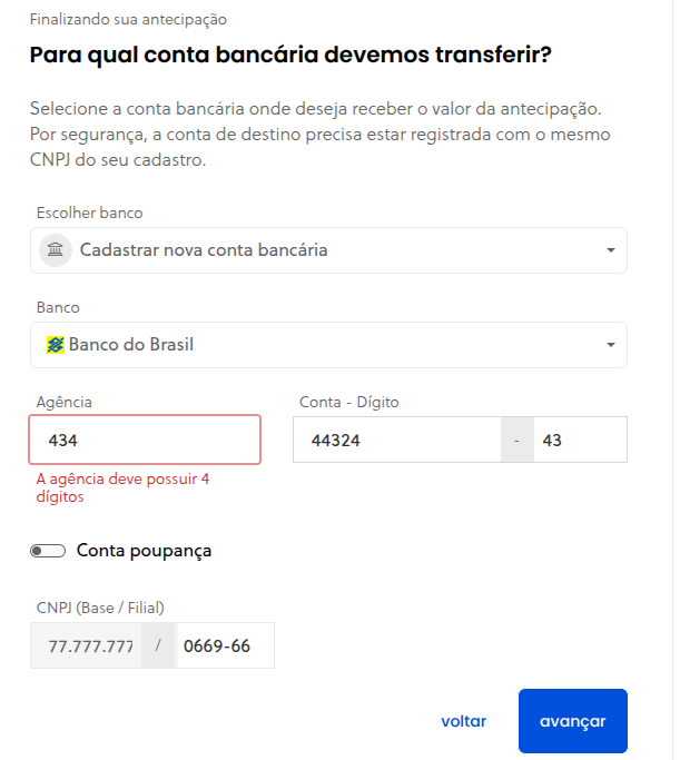 Validação do campo de agência bancária