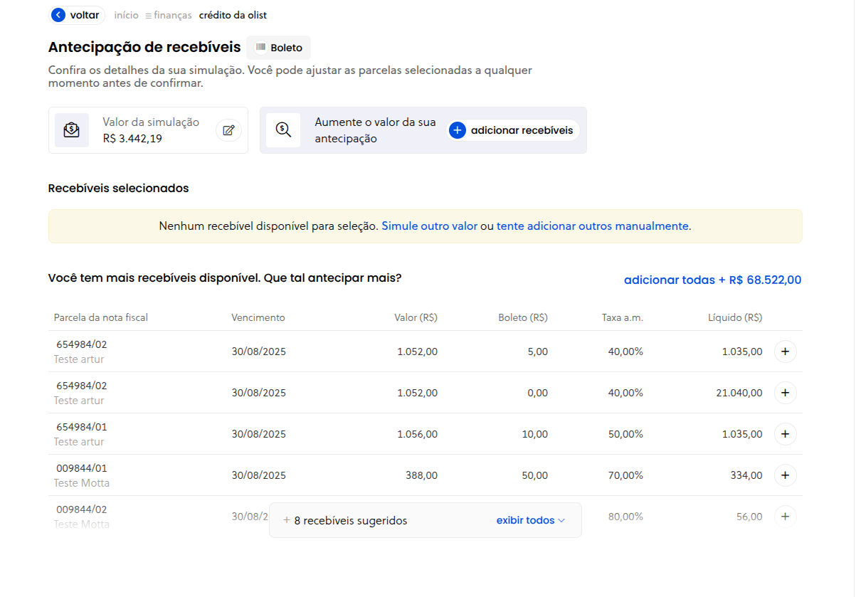Botão de adicionar recebíveis em destaque na simulação