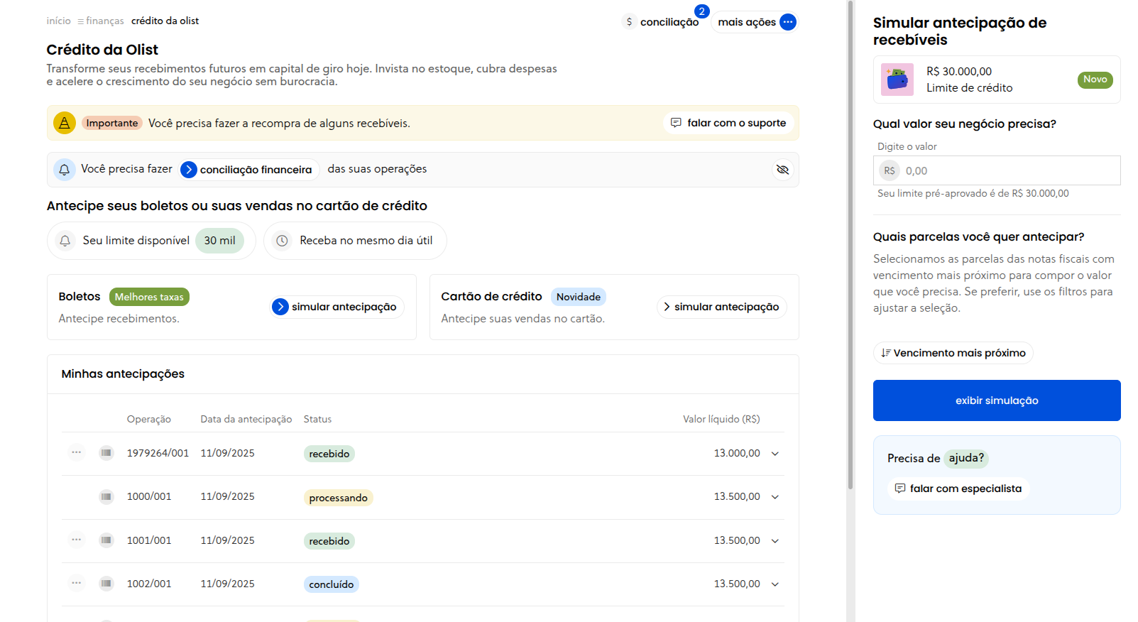 Banner de conciliações financeiras e contador no menu