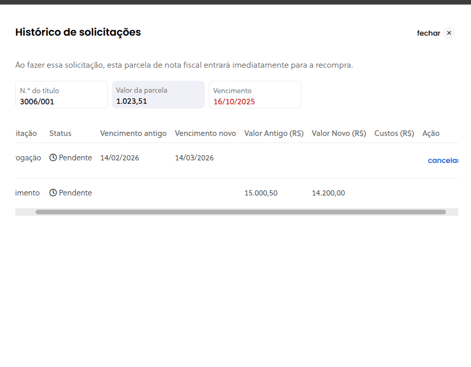 Histórico de instruções do recebimento