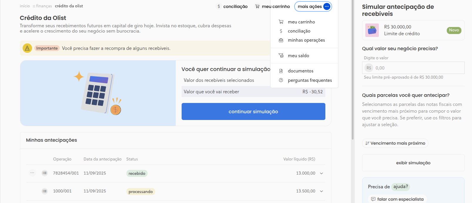 Menu de mais ações no módulo de Crédito